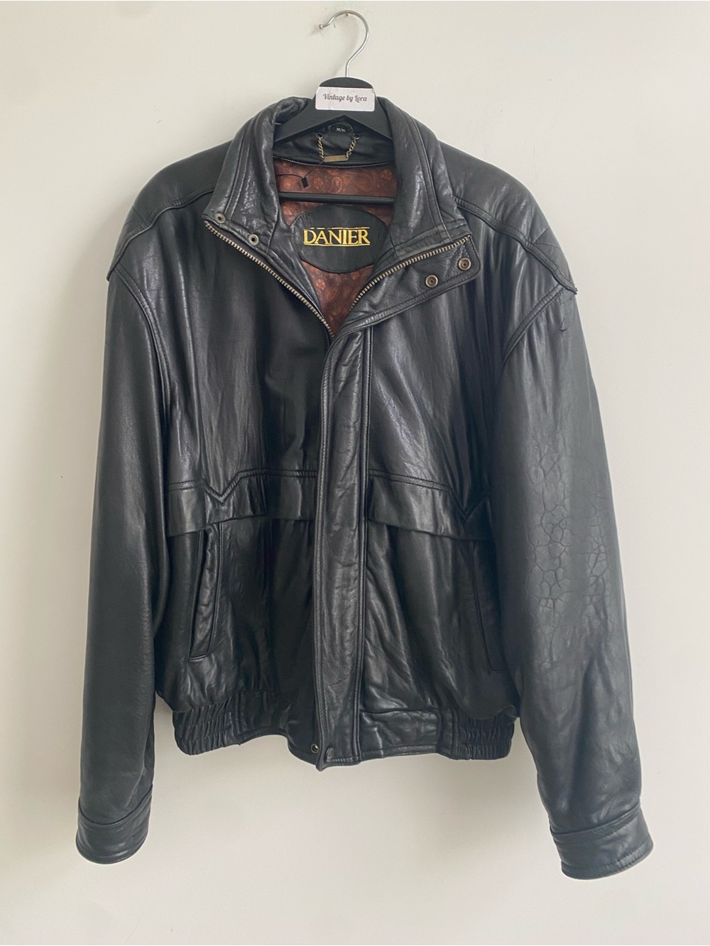 Danier Black Leather Bomber Jacket with Snap Collar